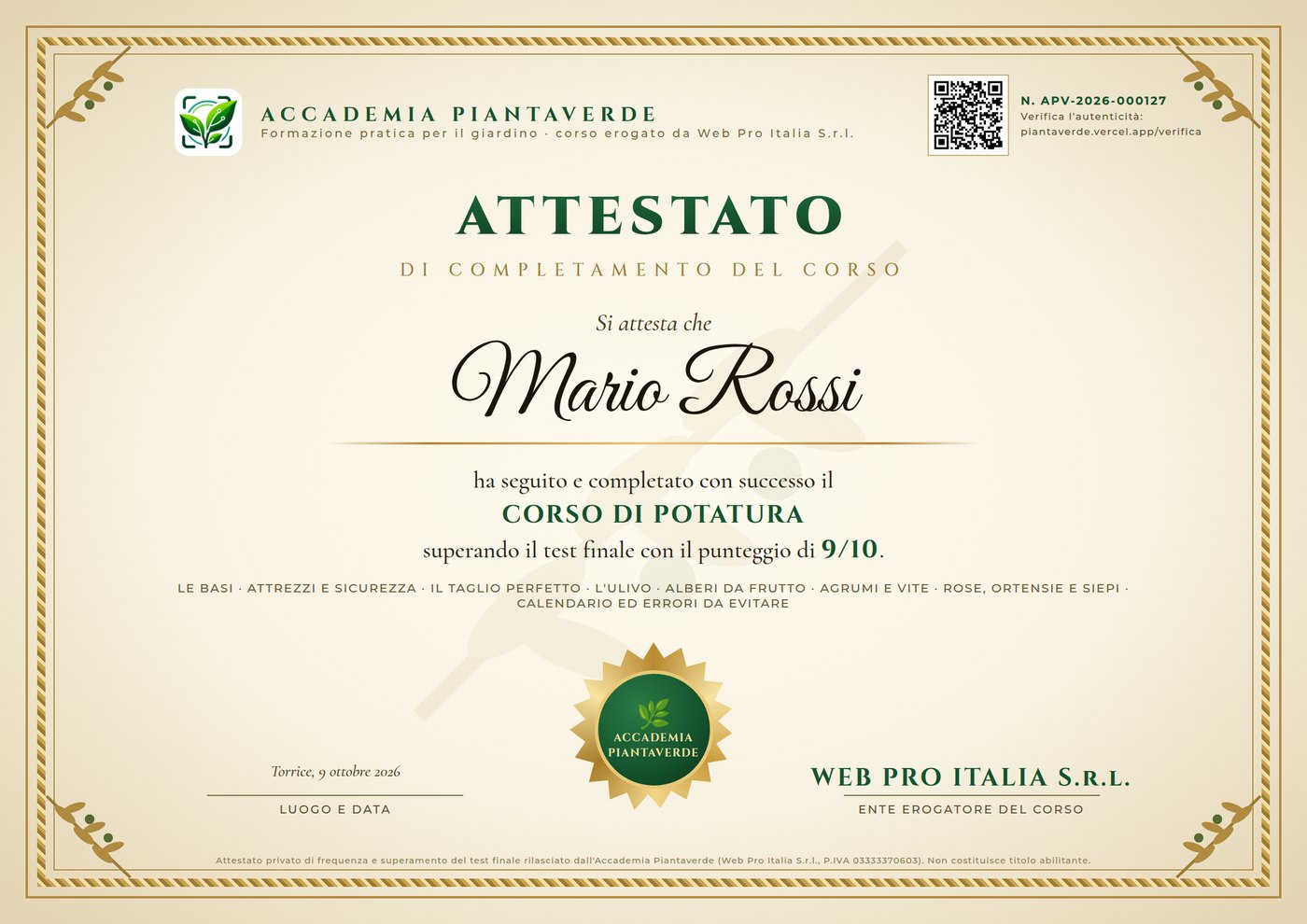 L'attestato del corso col nome dello studente